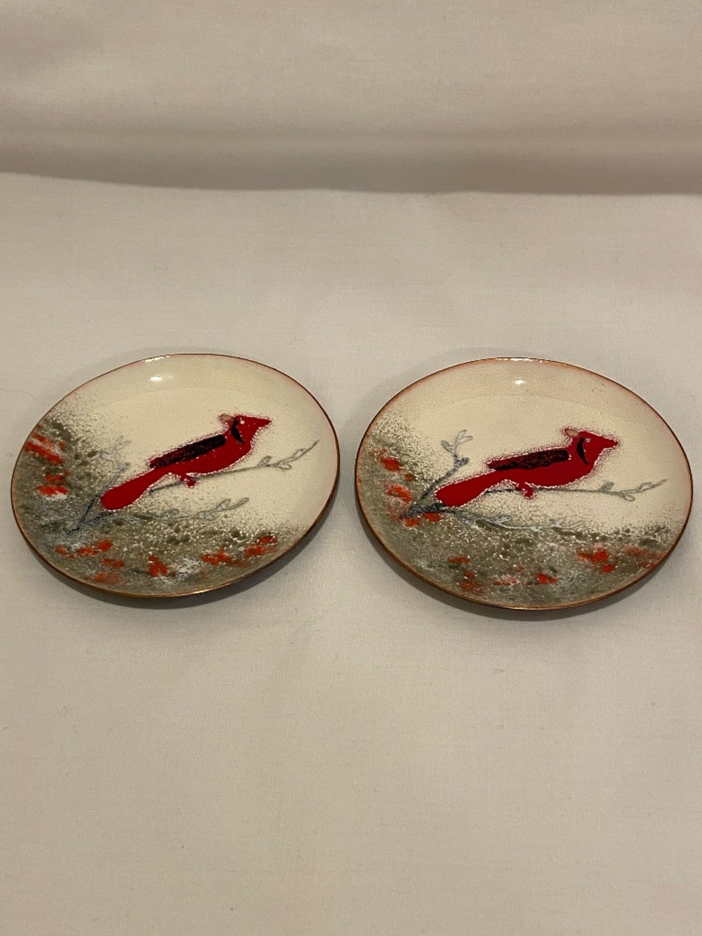 Bovano Of Cheshire Enamel Copper Cardinal Plates Trinket Dishes Coasters 3.5"